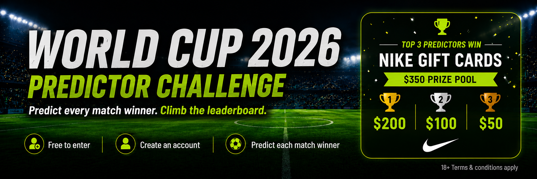 World Cup 2026 Predictor Challenge. A top 3 osztozik $350 értékű Nike ajándékkártyán.
